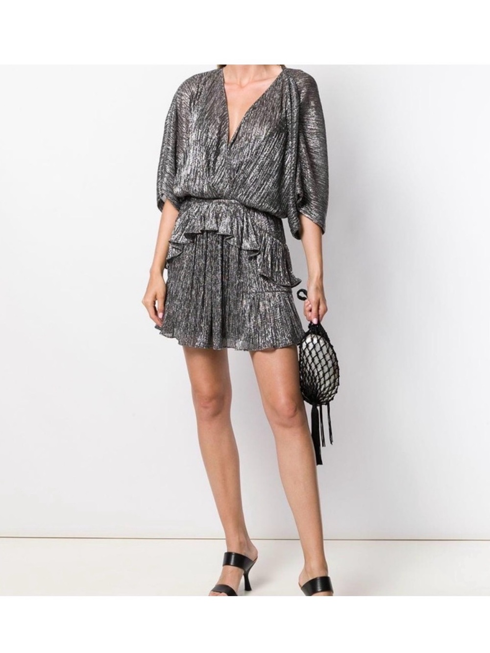 IRO Silver Metallic V-Neck Ruffle Mini Dress